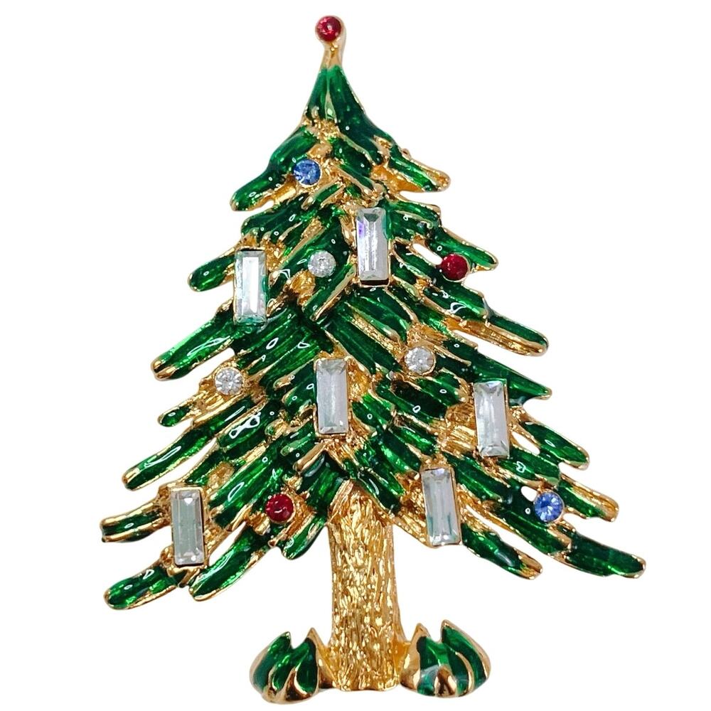 VTG Signed Capri Book Piece Christmas Tree Brooch 1960s Enamel Rhinestone